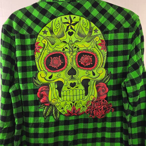 Ironfist Green Black Plaid Flannel Skull Pearl Snap Shirt Size Medium - Picture 1 of 7